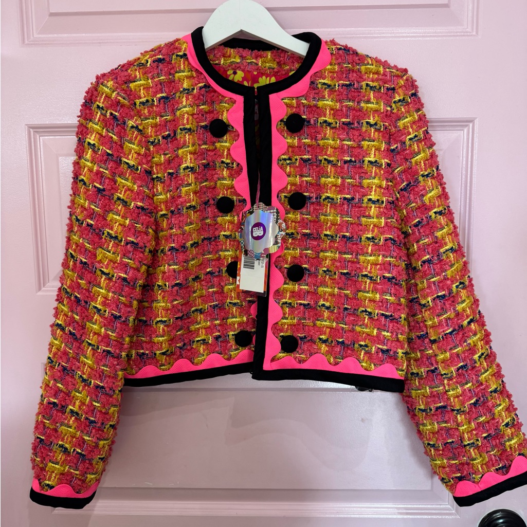 Celia B Chic Vibrant Pink And Yellow Tweed Blazer Nwt